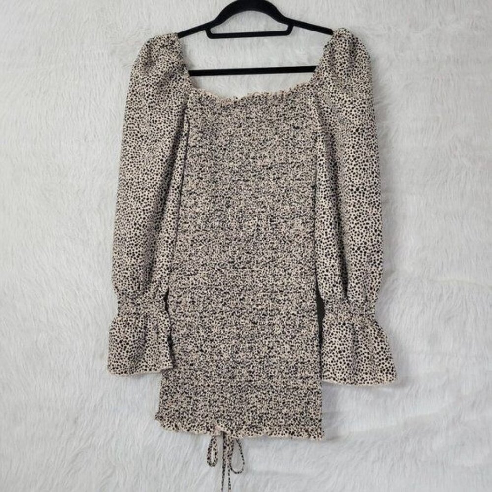 O. Vianca Animal Print Ruffled Smocked Cinched Side Long Sleeve Mini Dress Small - Picture 4 of 12